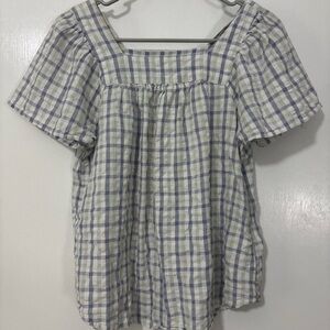 Classic Square Neck Plaid Women's Top - White & Light Blue